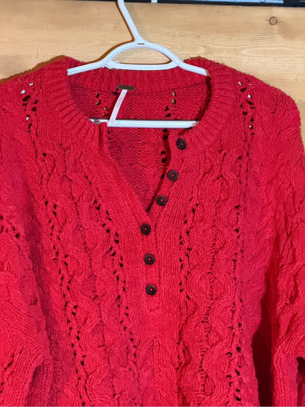 Free People Red Cable Knit Henley Sweater NWT $148 - Picture 4 of 6